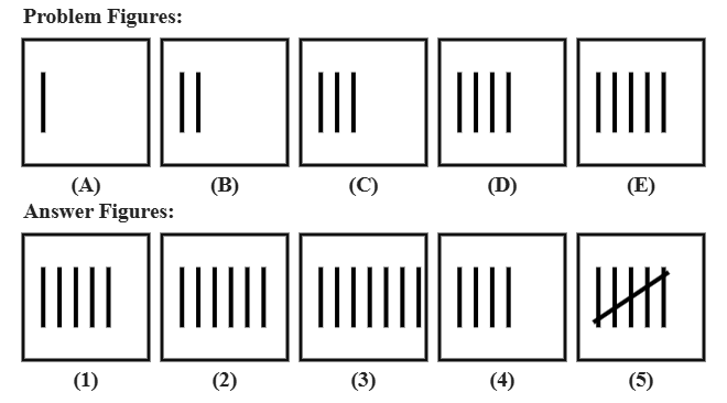 five problem figures A to E showing vertical tally-mark lines with the count increasing by one at each step, from one line up to five, followed by five candidate answer figures numbered 1 to 5
