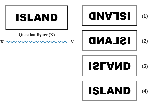 the word ISLAND (X) next to a wavy water line XY, with four candidate renderings of the word numbered 1 to 4