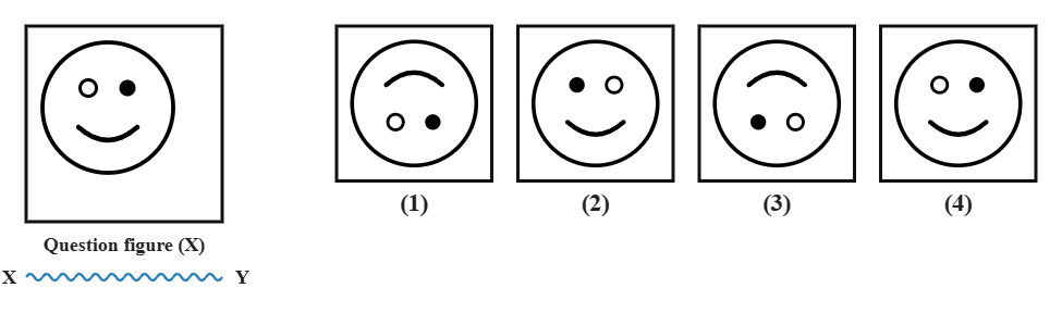 a circular smiling face with an open-circle left eye, a filled-dot right eye, and a curved smiling mouth, next to a wavy water line XY, with four candidate answer faces numbered 1 to 4