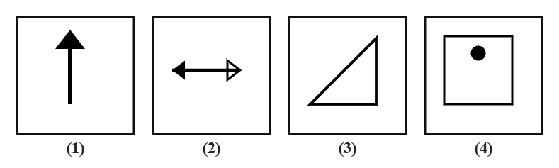 four separate figures numbered 1 to 4: an upward arrow, a horizontal double-headed arrow with a solid left head and a hollow right head, a right-angled triangle, and a square with a dot near the top