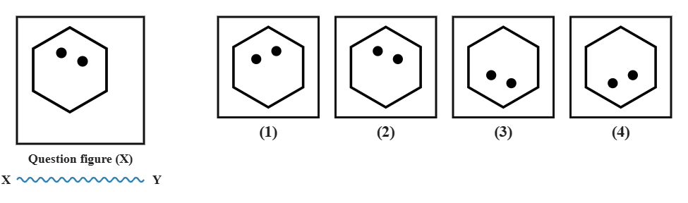 a hexagon outline with two solid dots placed in its upper half at different positions, next to a wavy water line XY, with four candidate answer figures numbered 1 to 4