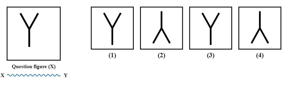 a simple Y-shaped glyph with its stem pointing down and two branches pointing up, next to a wavy water line XY, with four candidate answer figures numbered 1 to 4