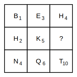 3 by 3 grid of letters with subscript numbers and a missing last cell in the middle row