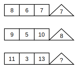 three rows of three numbers in boxes, each followed by a triangle holding a number, the last triangle showing a question mark