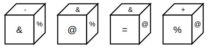 four positions of a cube with a symbol on each visible face