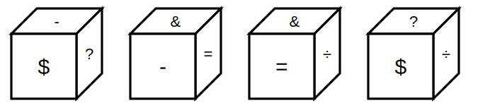 four positions of a cube with a symbol on each visible face