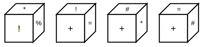 four positions of a cube with a symbol on each visible face