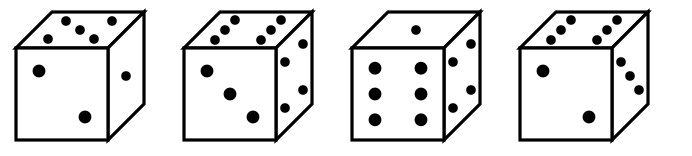 four positions of a dice with dots on the faces