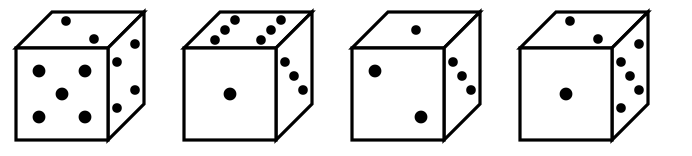 four positions of a dice with dots on the faces