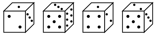four positions of a dice with dots on the faces