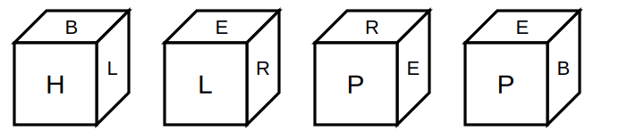 four positions of a cube with a letter on each visible face